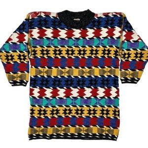 Vtg 80s French Navy Maximalist Indie Geo Funky Long Knit Tunic Sweater 16 Angora